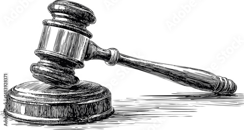 Detailed black and white sketch of a judge's gavel on a wooden block. Vector illustration