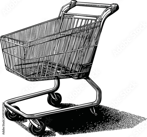 Detailed black and white illustration of a shopping cart with cast shadow. Vector illustration in sketch style