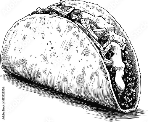 Detailed black and white drawing of a taco with toppings, line art style illustration. Vector illustration in sketch style
