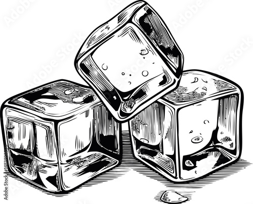 Detailed black and white sketch of three ice cubes with bubbles and reflections. Vector illustration