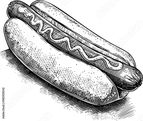 Detailed black and white illustration of a hot dog with mustard topping. Vector illustration in sketch style