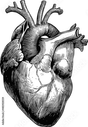 Detailed black and white anatomical illustration of a human heart. Vector illustration in sketch style
