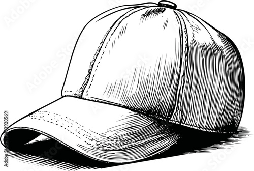 Illustration of a detailed black and white baseball cap sketch. Vector illustration