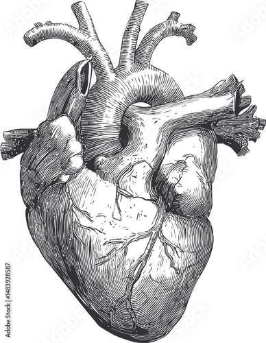 Detailed black and white anatomical illustration of a human heart, vintage sketch style. Vector illustration