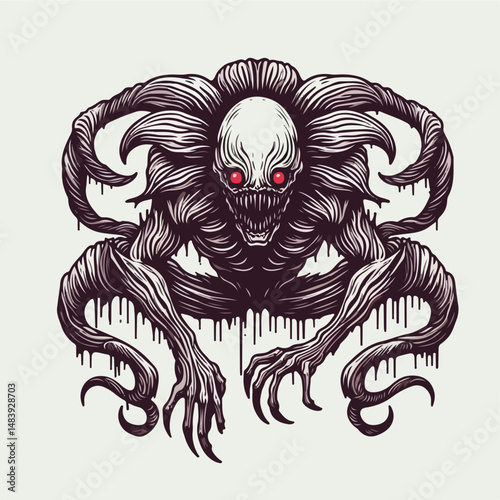 Eerie Entity: A menacing, grotesque figure with piercing red eyes, rendered in a stark, graphic style that sends shivers down your spine.