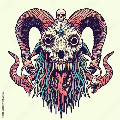 Mystical Demon Illustration: A hauntingly intricate illustration of a demonic entity, featuring a skull, large horns, and surreal details, rendered in a bold and colorful style.