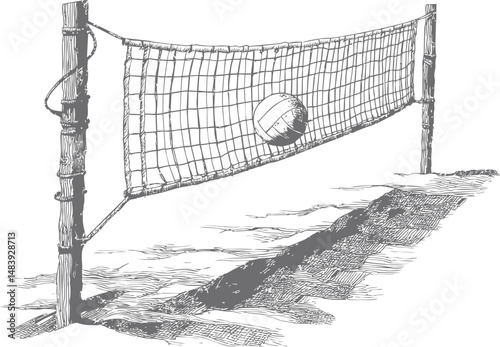 Sketch of a volleyball net with ball on sandy surface, ink drawing concept. Vector illustration