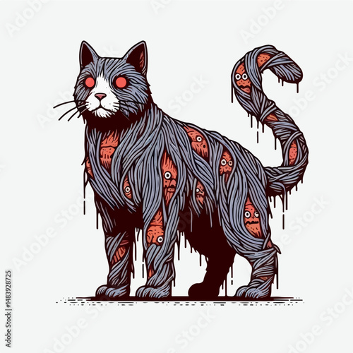 Nightmare Cat: An eerie and unsettling illustration of a feline with disturbing features, evoking a sense of dread and the uncanny.
