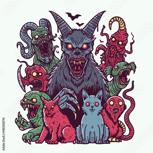 Nightmarish Feline Frenzy: An illustration showcasing a menacing demon with a terrifying grin, surrounded by monstrous creatures in a surreal and chilling scene. The demon's claws are extended.