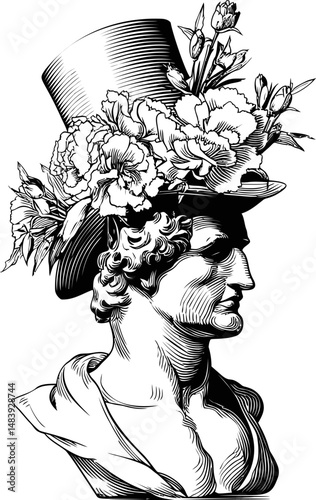 Monochrome illustration of classical bust with floral hat, vintage engraving style. Vector illustration