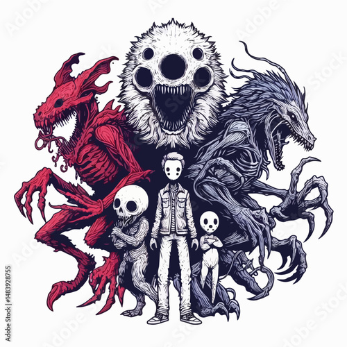 Boy confronting monsters: A brave boy stands defiantly amidst a circle of terrifying monsters, showcasing a blend of fear and determination in a stylized illustration.