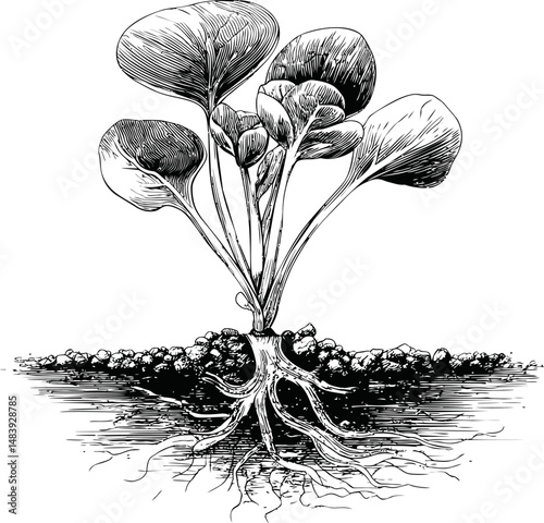 Black and white illustration of plant with roots beyond the soil surface. Vector illustration in sketch style
