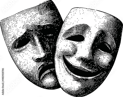 Drama and comedy theatrical masks in black and white engraving style. Vector illustration