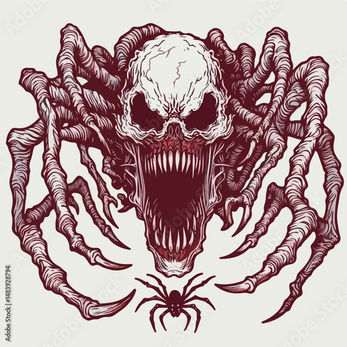 Fearful Skull Spider: A menacing illustration of a skull integrated with spider-like limbs and a menacing spider at the bottom, evoking dread and unease.