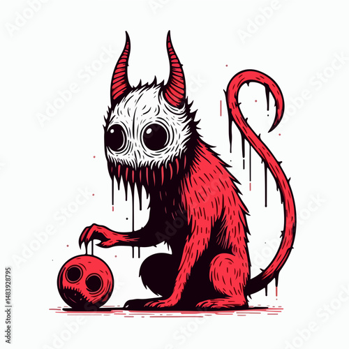 Whimsical Demon with Skull Ornament: A playful yet eerie creature with red skin, adorned with horns and a skull-like mask, interacting with a matching ornament, evoking a sense of delightful darkness.