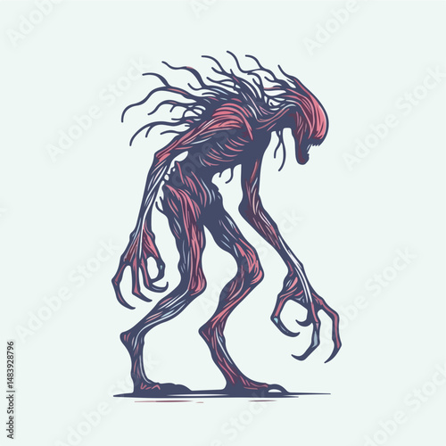 The Lurking Shadow: A grotesque and otherworldly creature with elongated limbs, sharp claws, and a skeletal visage stands in a haunting silhouette.