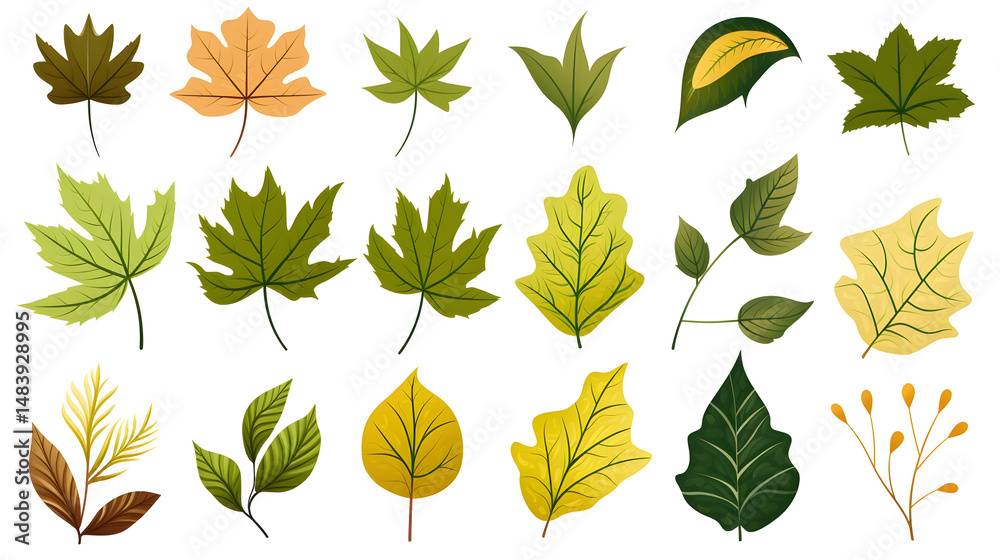 Obraz premium Detailed cartoon vector illustration of a colorful collection of leaves for creative projects