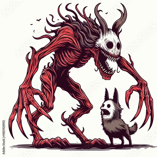 Eerie Encounter: A surreal illustration depicts a skeletal figure of immense size, alongside a smaller canine figure, both with unsettling masked faces. A haunting and uncanny piece.