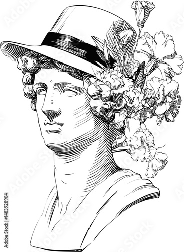 Sculpted bust with floral headdress and stylish hat in black outlines. Vector illustration in sketch style