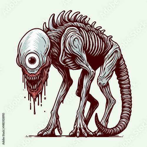 Monstrous Cyclops Creature: A haunting depiction of a monstrous cyclops creature, rendered in a unique illustration style, staring directly with its singular eye.