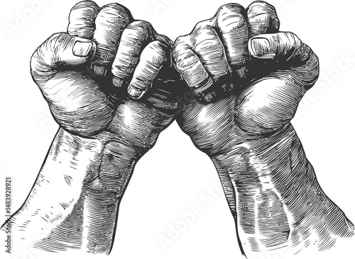 Etched illustration of two clenched fists in solidarity gesture. Vector illustration in sketch style