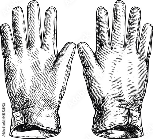 Detailed black and white sketch of a pair of gloves, vintage style illustration. Vector illustration