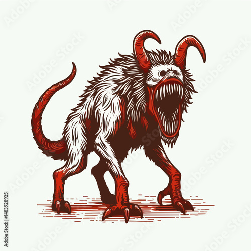 Menacing Monster Illustration: A frightful and grotesque creature with sharp fangs, crimson horns, and a menacing glare, a testament to the dark recesses of the imagination.