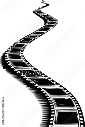 Curved film strip, black and white illustration, cinematic art. Vector illustration in sketch style