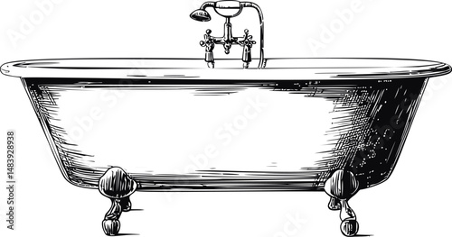 Vintage clawfoot bathtub sketch in black and white with faucet details. Vector illustration