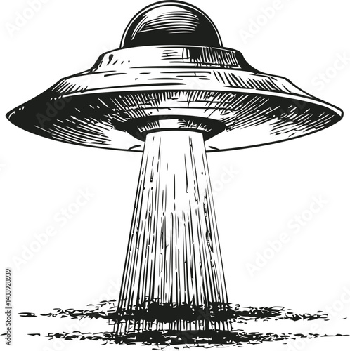 Retro black and white illustration of a flying saucer beaming light downwards. Vector illustration in sketch style