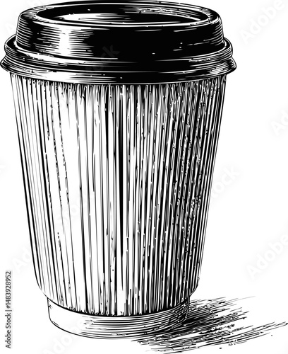 Illustrated takeout coffee cup with lid and textured surface artwork. Vector illustration in sketch style