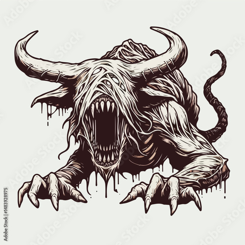 Unleashed Fury: A terrifying mythical beast, with a menacing presence, unleashes a roar. Its monstrous physique, with sharp claws, twisted horns, and a gaping maw, hints at a savage nature