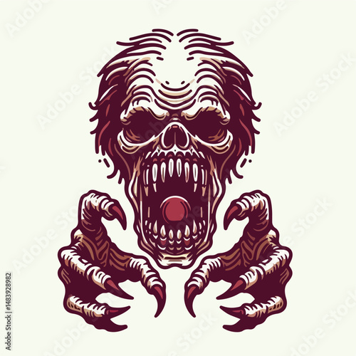 Terrifying undead face: An expressive illustration of a monster creature with terrifying face with its monstrous claws outstretched and sharp teeth exposed.