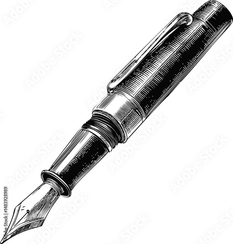Vintage fountain pen in black and white etching style illustration. Vector illustration in sketch style