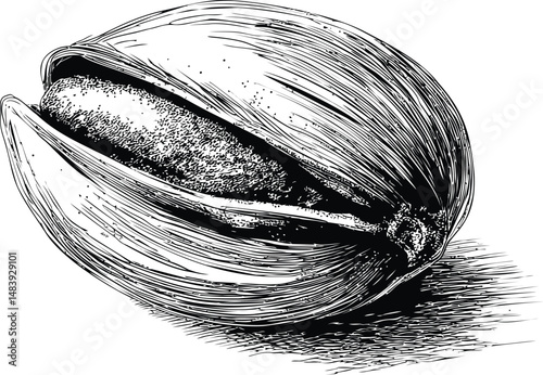Detailed black and white illustration of a pistachio in its shell, realistic style. Vector illustration in sketch style
