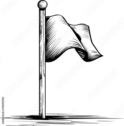 Black and white illustration of a flag waving on a pole with elegant lines. Vector illustration in sketch style
