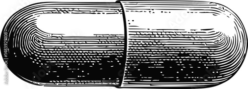 Vintage black and white illustration of a capsule in engraved style. Vector illustration