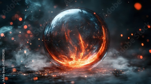 An artistic portrayal of a crystal ball with swirling mist and sparks of light