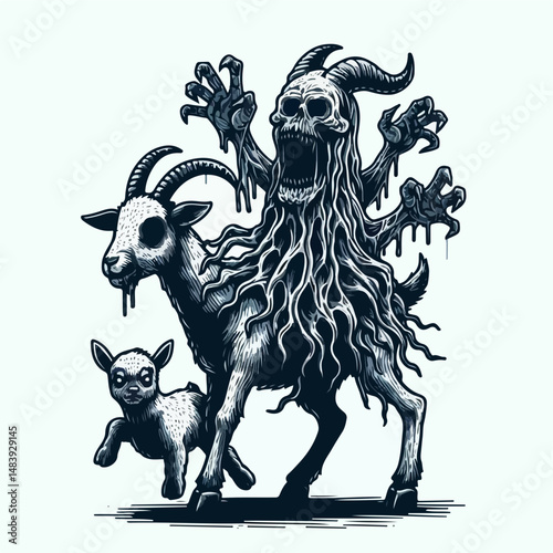 Goat-Demon and Lamb: A terrifying illustration of a demonic goat-like creature with a skull head, riding a goat and pursued by a small lamb. The image is rendered in a dark.