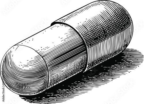Detailed black and white illustration of a single capsule pill, medical sketch. Vector illustration