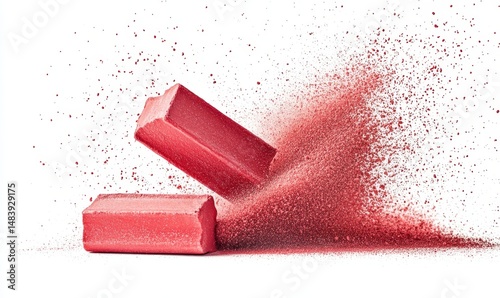 Red chalk pieces and dust flying, effect explode isolated on white background
