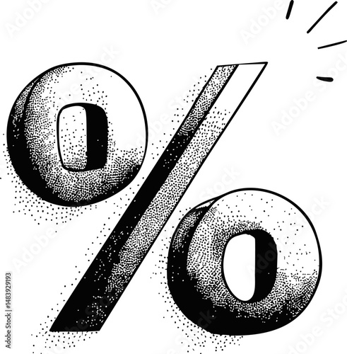 Black and white stylized percentage symbol with halftone texture, retro design. Vector illustration in sketch style