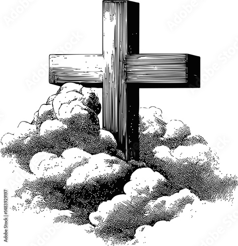 Wooden cross in clouds, black and white illustration of faith symbolism. Vector illustration in sketch style