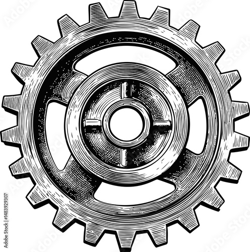 Black and white illustration of a mechanical gear with intricate details. Vector illustration in sketch style
