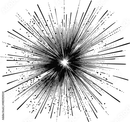 Black and white radial starburst pattern with dynamic lines and dots. Vector illustration in sketch style