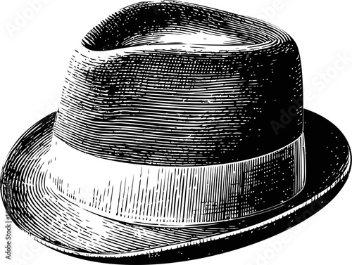 Black and white illustration of a classic fedora hat, vintage style drawing. Vector illustration in sketch style
