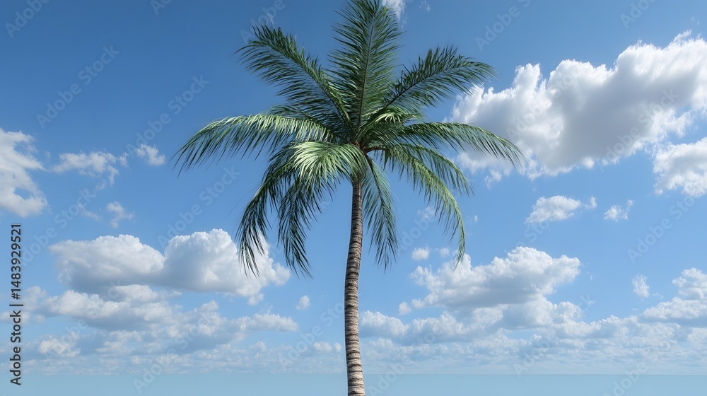 Obraz premium Lush Tropical Palm Tree Under Blue Sky with Fluffy Clouds