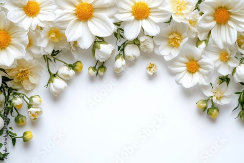 Frame of Beautiful white and yellow flower bouquet isolated on white background, clipping path. Full Depth of field. Focus stacking. PNG