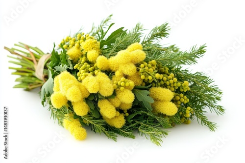 Bouquet of fresh spring green mimosa and acacia leaves isolated on white background, as a gift for Mom's day or Valentine's day. Floral symbol of spring, heat and sun, png, DOF. Shallow depth of field