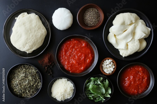 Top view of raw dough, ingredients and spices for pizza Margherita with tomato sauce and Mozzarella cheese on black background